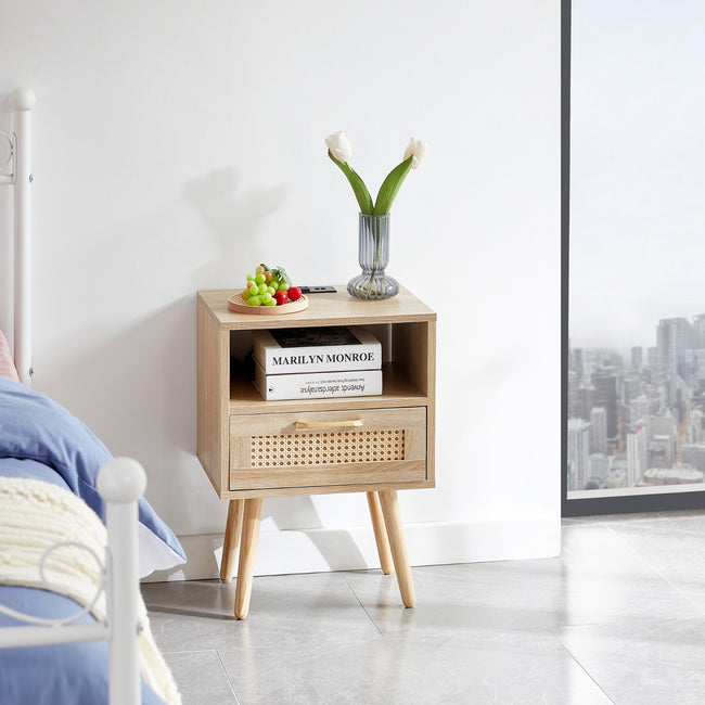 15.75 Rattan End Table With Power Outlet, USB Ports, Drawer Solid Wood