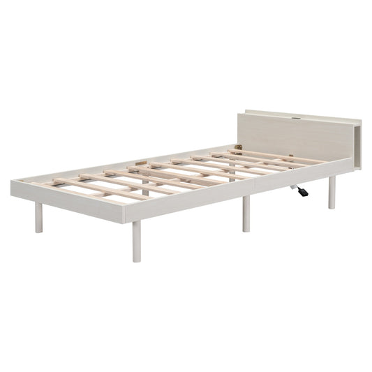 Modern Twin Platform Bed Frame With USB Ports, White Washed Color