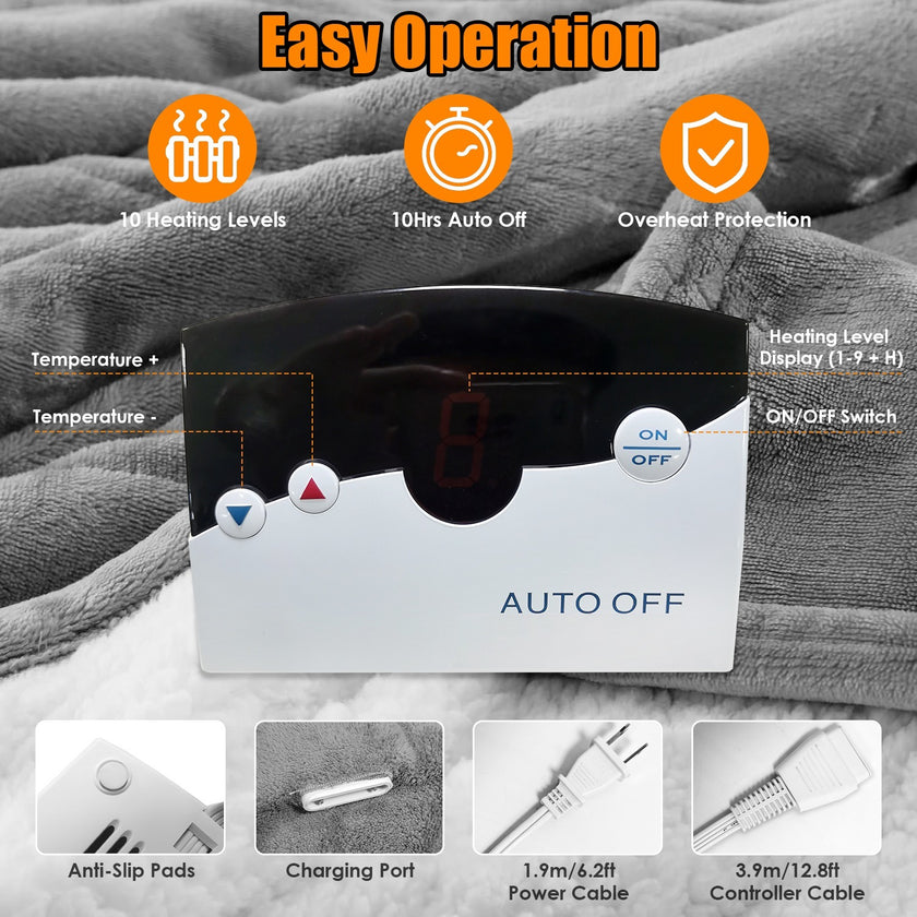 1Pc Electric Heated King Size Fleece Heated Blanket With Dual Controller 10 Heating Levels 10 Hours Auto Off Machine Washable For Home Office Usage 90x100in