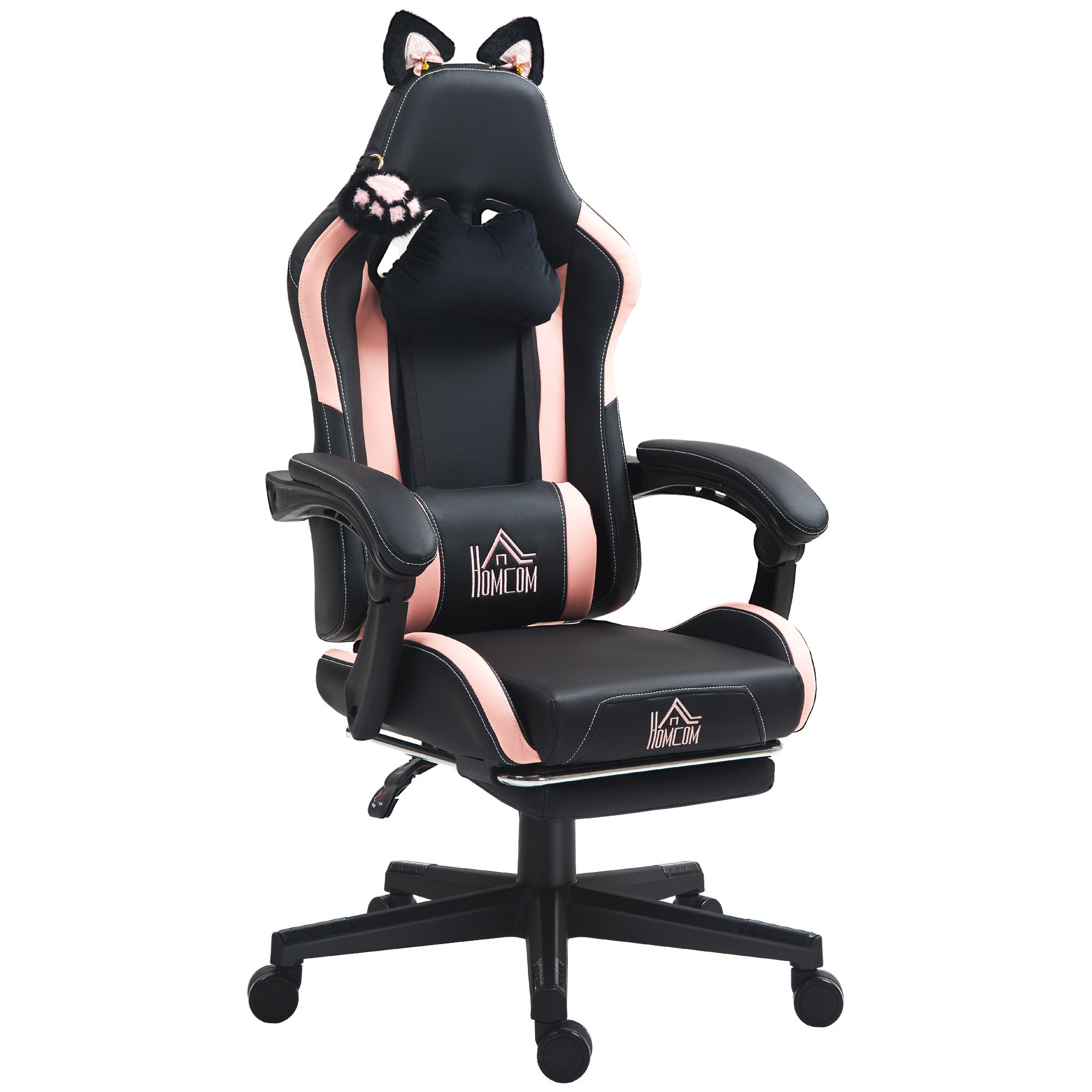 Cute Racing Gamer Chair, Faux Leather Gaming Chair With Footrest, Headrest And Lumbar Support, Black