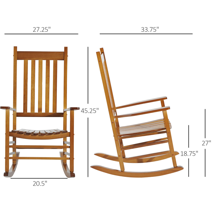 Wooden Outdoor Rocking Chair With Armrests, High Back For Garden, Patio, Balcony, Porch, Natural