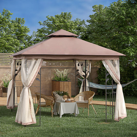 10' X 10' Outdoor Patio Gazebo Canopy With 2-Tier Polyester Roof, Netting, Curtain Sidewalls, And Steel Frame, Brown