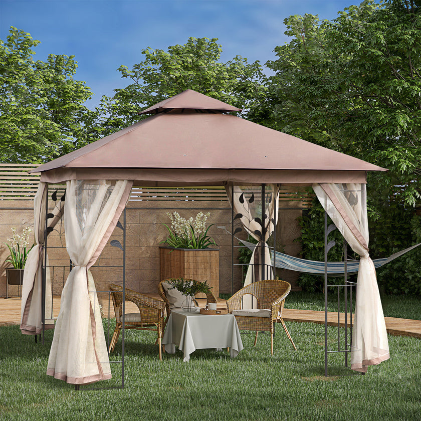 10' X 10' Outdoor Patio Gazebo Canopy With 2-Tier Polyester Roof, Netting, Curtain Sidewalls, And Steel Frame, Brown