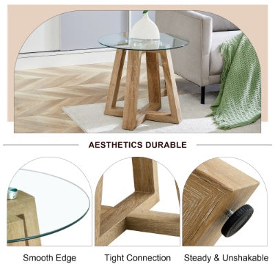 Modern And Practical Round Table. Made Of Clear Tempered Glass Top And Wood-coloured MDF Material. Suitable For Living Rooms And Bedrooms