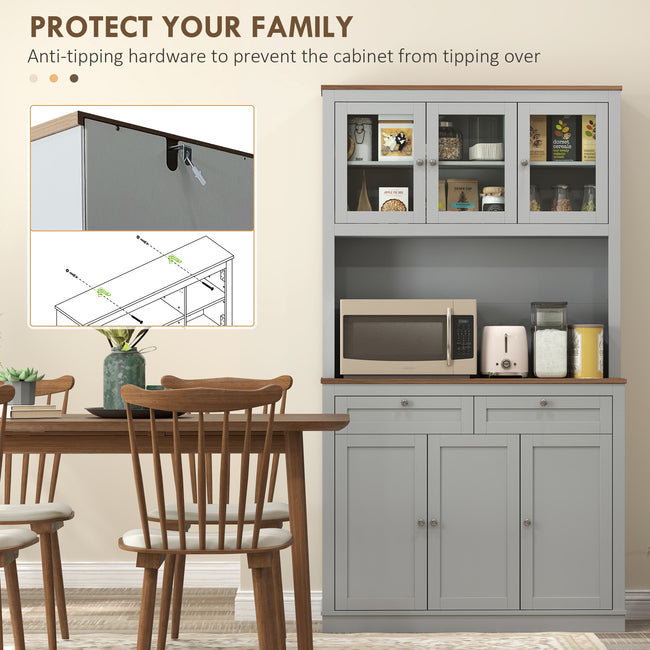71 Kitchen Pantry Cabinet With Microwave Stand, Kitchen Hutch With 2 Drawers And Adjustable Shelves, Gray