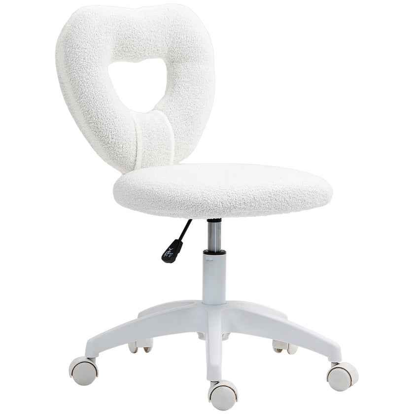 Armless Computer Desk Chair, Office Task Chair, Teddy Fleece Heart Makeup Vanity Chair With Swivel Wheels, White