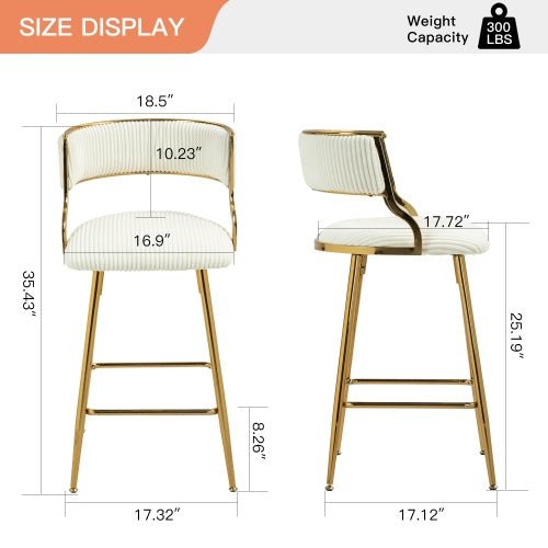 SET OF 2,26 Counter Height Bar Stools Corduroy Kitchen Island Counter Bar Stool With Back,golden Chromed Base And Footrest