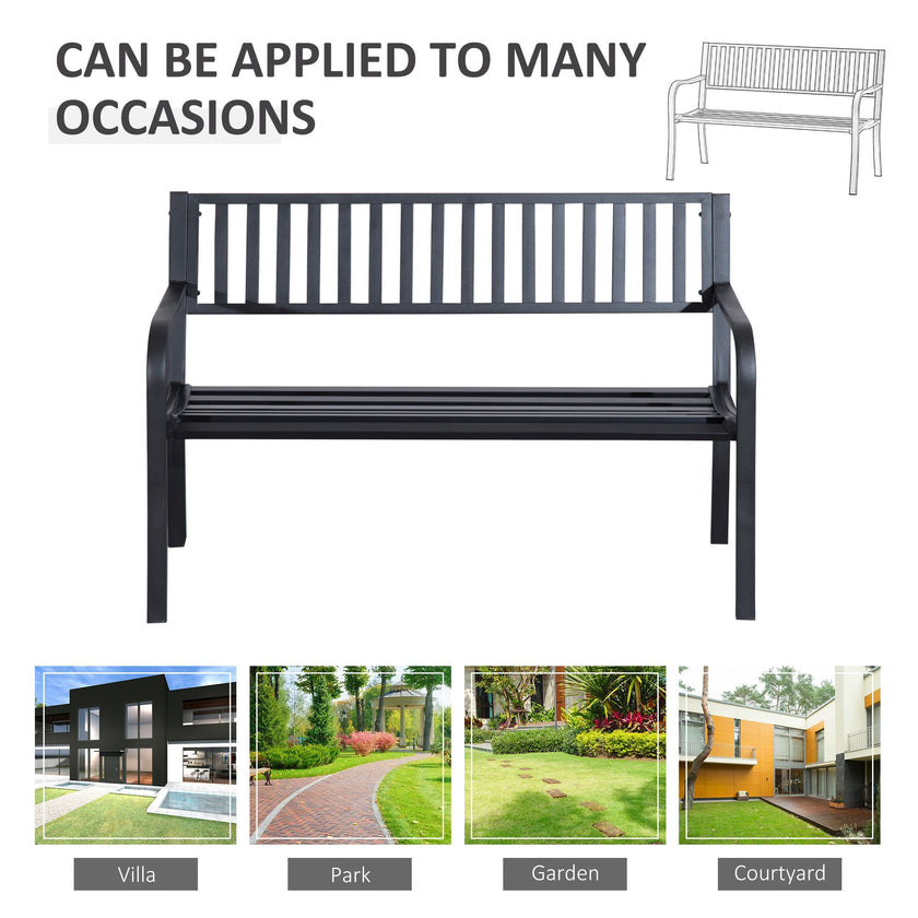 50ft Outdoor Bench Seat, Patio Bench With Slatted Seat, Metal Porch Bench, With 2 Person Design, For Poolside, Lawn, Black