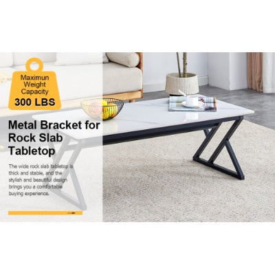 A Coffee Table Made Of Rock Slab Material, With A Smooth And Natural Surface That Complements The Modern Design Of The Black Metal Legs, Making It Suitable For Living Rooms Of All Sizes.47X23.6