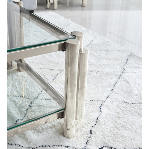 50 Wide Rectangle Modern Stainless Steel Coffee Table, Double-Layer Clear Tempered Glass Coffee Table, Center Table With Storage, For Living Room Home Office, Easy Assembly, Silver