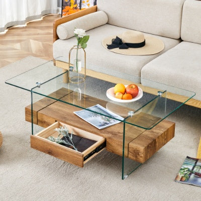 43.3 Inch Modern Two-Tier Coffee Table - Clear Tempered Glass And Black Marble Texture, Multifunctional Storage Design.The Bottom Tier Includes A Drawer.Can Be Used As A Coffee Table,side Table,etc