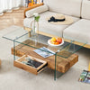 43.3 Inch Modern Two-Tier Coffee Table - Clear Tempered Glass And Black Marble Texture, Multifunctional Storage Design.The Bottom Tier Includes A Drawer.Can Be Used As A Coffee Table,side Table,etc