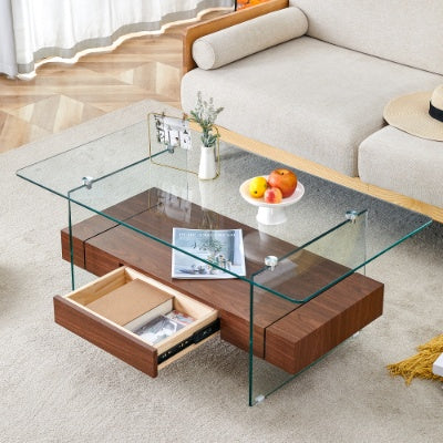 43.3 Inch Modern Two-Tier Coffee Table - Clear Tempered Glass And Black Marble Texture, Multifunctional Storage Design.The Bottom Tier Includes A Drawer.Can Be Used As A Coffee Table,side Table,etc