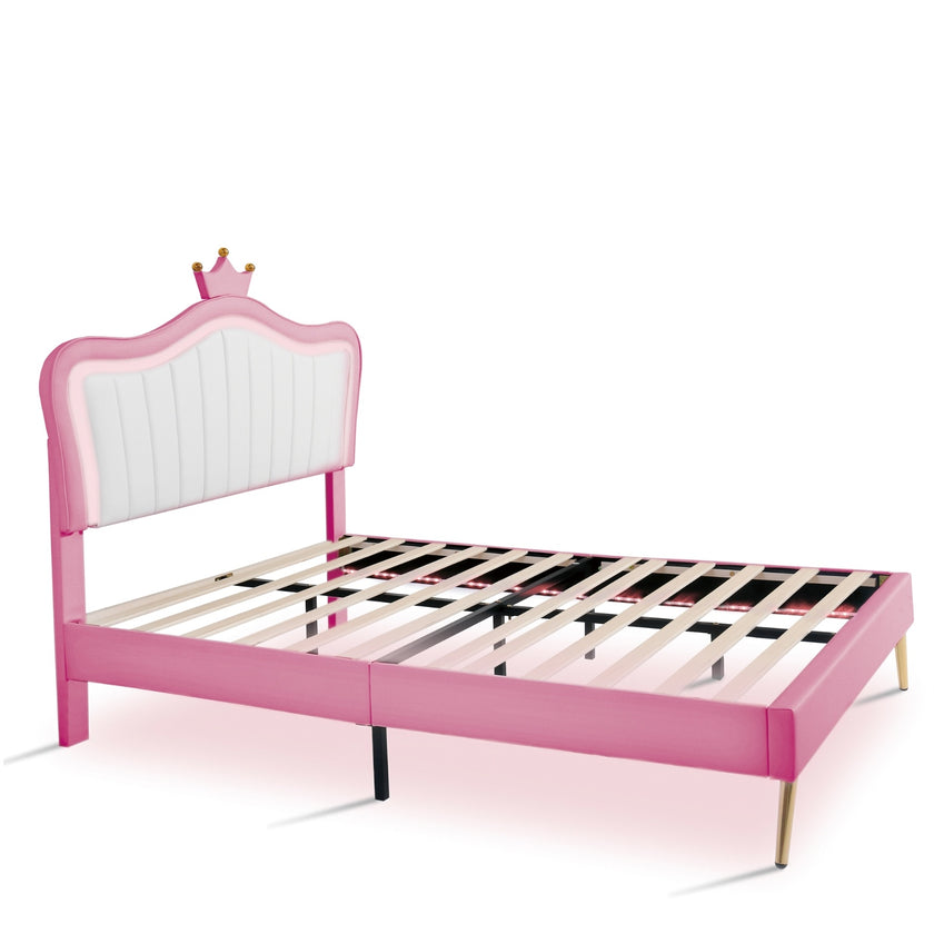 Full Size Upholstered Bed Frame With LED Lights & Crown Headboard