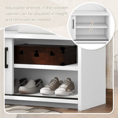 Hall Tree With Top Shelf And Storage Bench, Hallway Shoe Cabinet With Sliding Doors, Coat Rack With 5 Hanging Hooks For Entryways Hallways