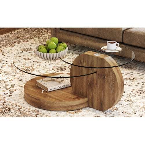 Modern And Practical Double-layer Round Table. Glass Table Top, Wood MDF Table Legs. Suitable For Living Room And Bedroom