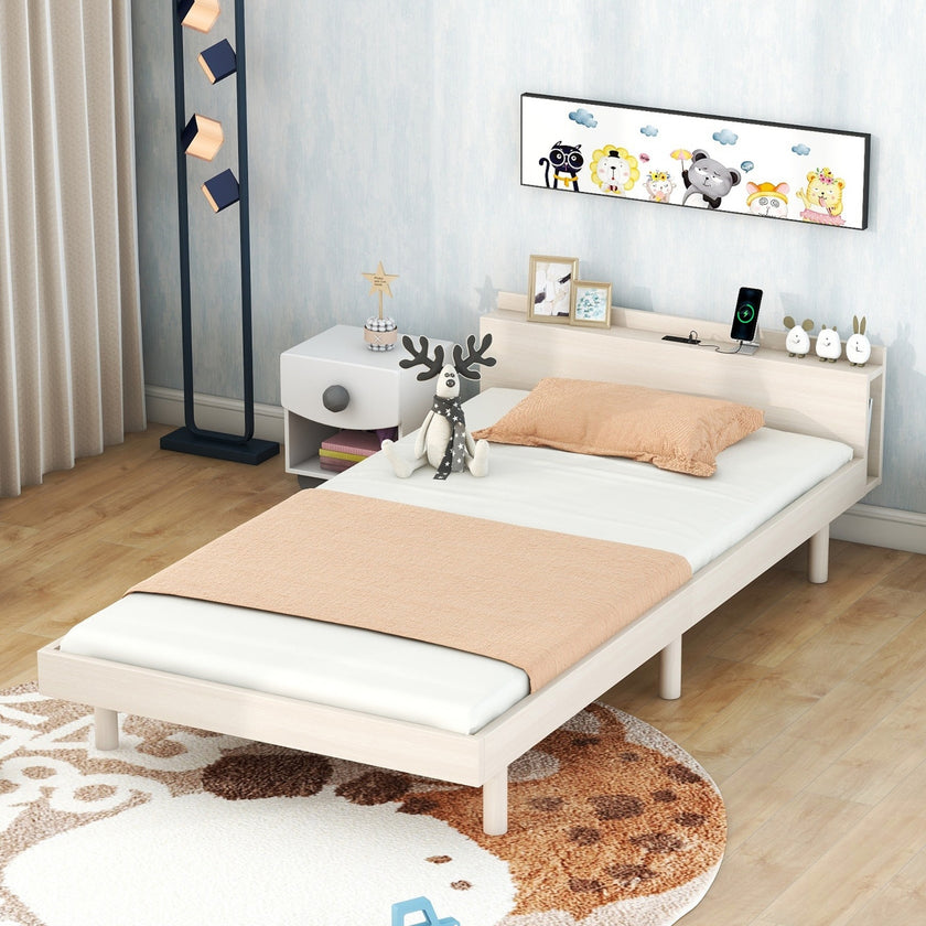 Modern Twin Platform Bed Frame With USB Ports, White Washed Color