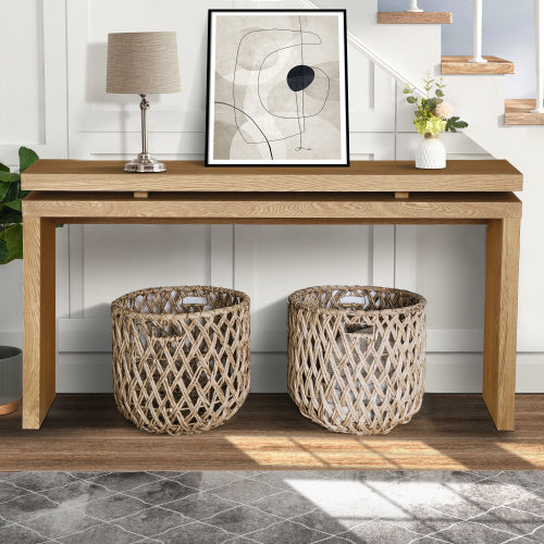 60  Antique Natural Farmhouse Console Table - Retro Wooden Entryway Table With Double Board Suspension Design, Solid Wood & MDF, Sofa Table For Living Room
