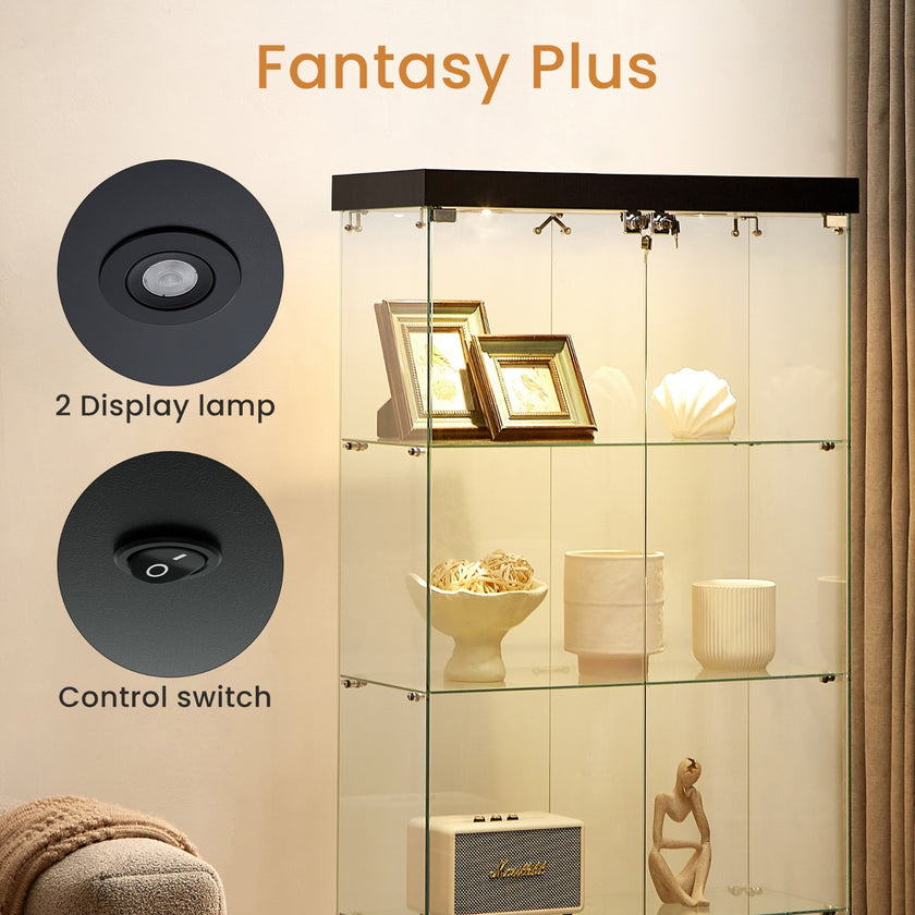 4-Tier Glass Display Cabinet, Double Door Glass Cabinet, Four Partitions, Two Locks, Floor Standing