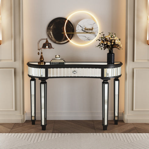 47 Half  Moon Mirrored Console Table With Fluted Glass  Crystal Knob Drawer  Silver Entryway Vanity Desk For BedroomDressing RoomGold Sliver