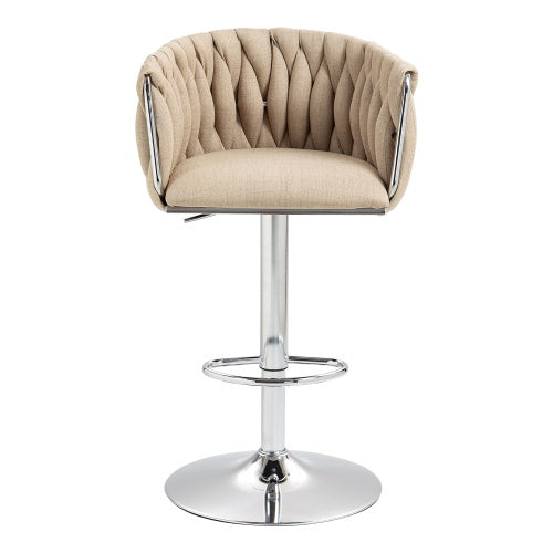 360 Fabric Cover Swivel Bar Stools Set Of 2, Adjustable Counter Height Bar Chairs With Woven Back & Footrest, Silver Chromed Bar Stools For Kitchen Island, Cafe, Pub