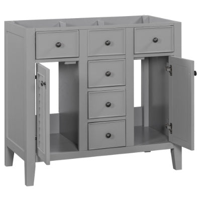 36 Bathroom Vanity Without Sink, Cabinet Base Only, Two Cabinets And Five Drawers, Solid Wood Frame, Grey