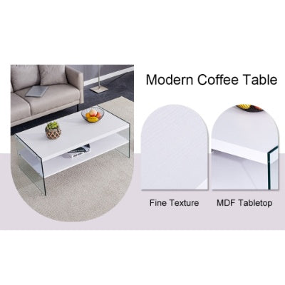Double Rectangular Coffee Table. The Board Surface Is MDF, With White Stickers, And Both Sides Are Transparent Tempered Glass. Suitable For Living Room, Bedroom And Other Occasions