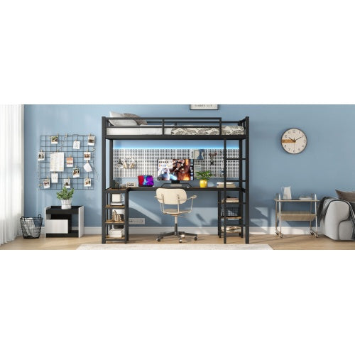 Twin XL Metal Loft Bed With Desk And Shelves, Loft Bed With Ladder And Guardrails, Loft Bed Frame For Bedroom, Black