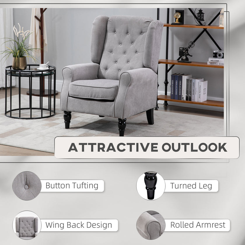 Gray Fabric Tufted Club Accent Chair With Removable Cushion, Wooden Legs