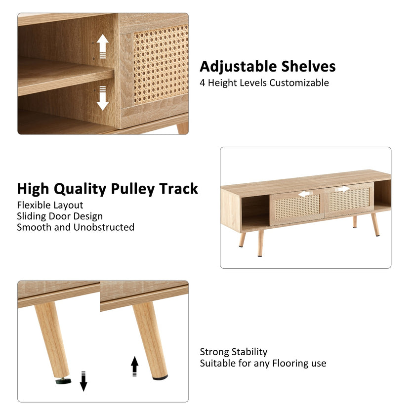 55.12  Rattan TV Cabinet With Sliding Doors  Adjustable Shelf   Solid Wood Legs