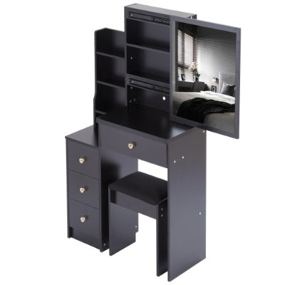 29.2 Small Space Left Bedside Cabinet Vanity Table   Cushioned Stool, Extra Large Right Sliding Mirror  Multi Layer High Capacity Storage, Practical Fashionable Dresser Suitable For Small Space