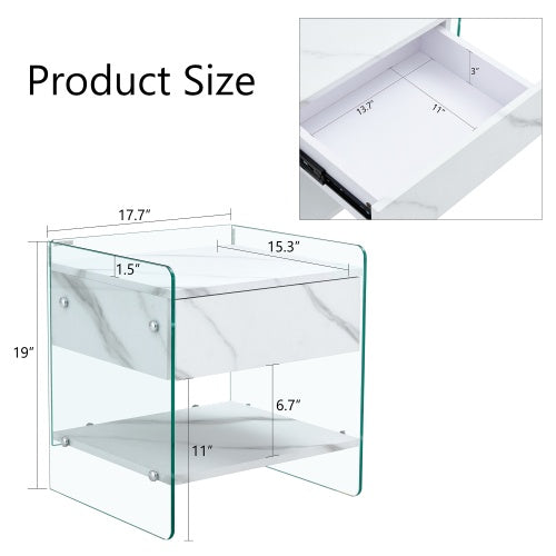 Bedside Table With Drawers. The Board Surface Is MDF Sticker, And Both Sides Are Transparent Tempered Glass. The Design Is Simple And Elegant, With Excellent Storage Functions
