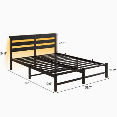 Queen Size Metal Bed Frame With Wooden Headboard, RGB Lights, Charger, Storage Shelf, Noise-Free, No Box Spring Needed, Black