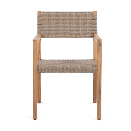 Outdoor Dining Chairs Set Of 2, Light Teak Acacia Wood Frame And Multi Light Brown PE Wicker, Ideal For Patios, Gardens