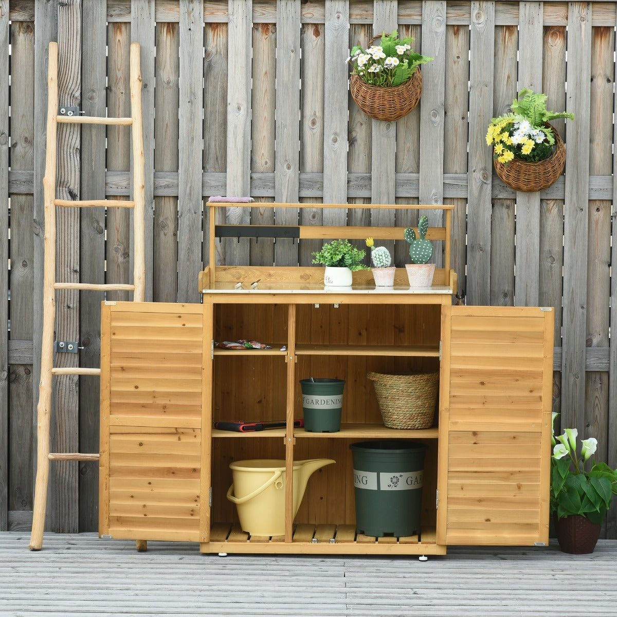 Wooden Potting Bench 3-Tier Storage Cabinet Work Station Table Lockable Organizer With Magnetic Latch Hooks Foot Pads 34.25L Yellow