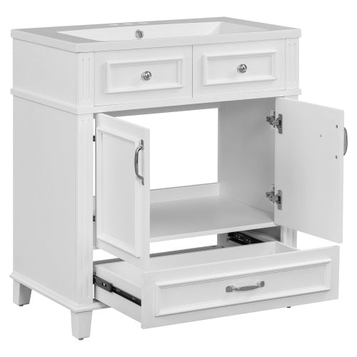 30'' Bathroom Vanity With Resin Sink, Solid Wood Frame Bathroom Storage Cabinet With Soft Closing Doors, Retro Style, White