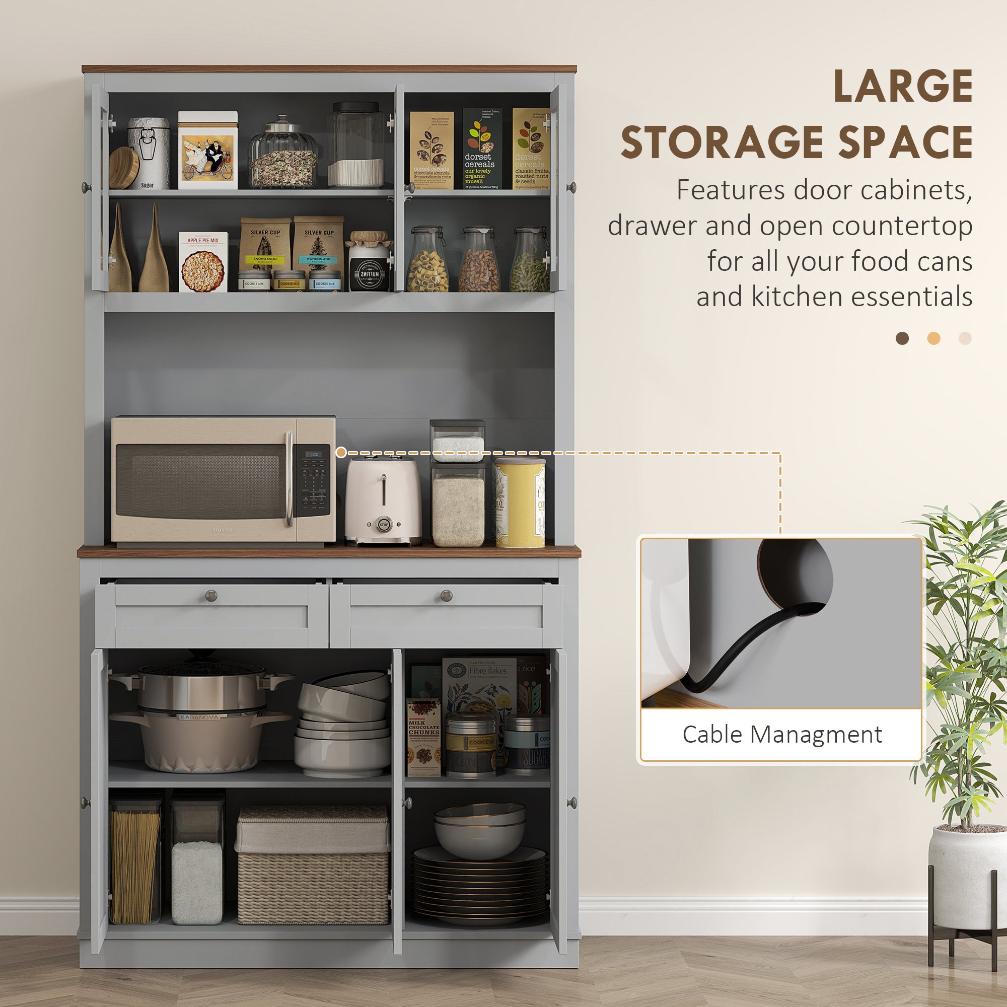 71 Kitchen Pantry Cabinet With Microwave Stand, Kitchen Hutch With 2 Drawers And Adjustable Shelves, Gray