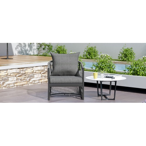 Modern Gray Curved Aluminum Lounge Chair With Stylish Rope-Weave Design And Cushioned Comfort, Perfect For Outdoor Living