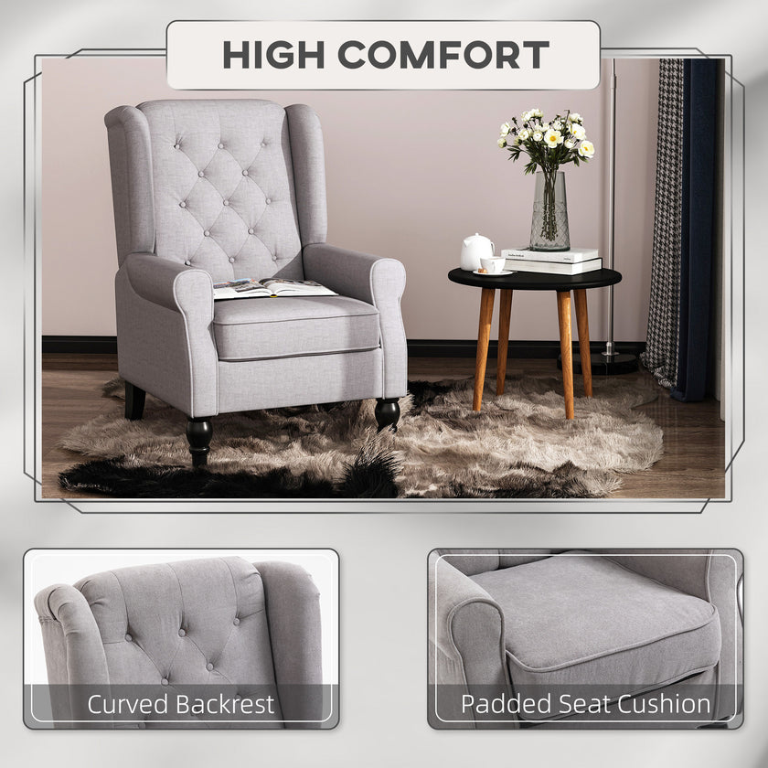 Gray Fabric Tufted Club Accent Chair With Removable Cushion, Wooden Legs