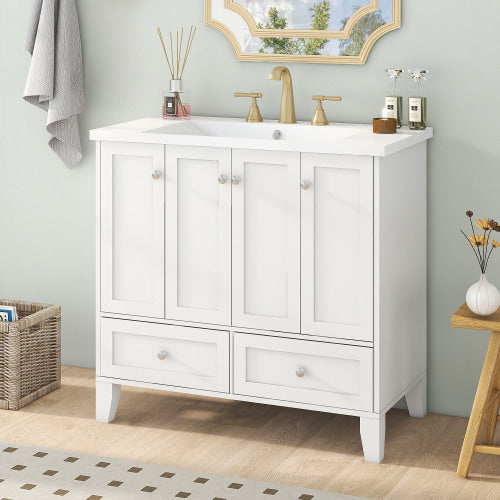 36  Bathroom Vanity With Resin Sink Combo,Solid Wood Frame Bathroom Storage Cabinet, Freestanding Vanity Set With 4 Soft Closing Doors 2 Drawers