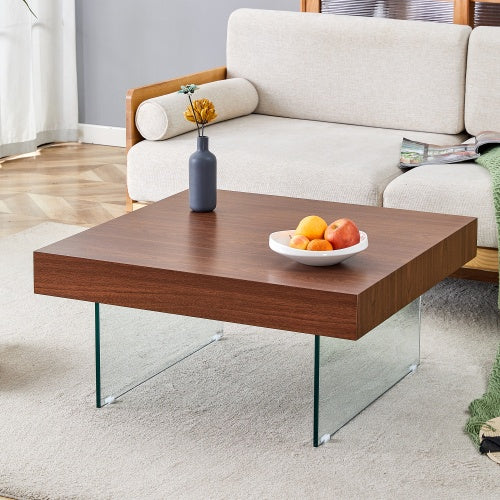 Walnut Colored Square MDF Coffee Table  31.5x31.5 With Tempered Glass Legs.Density Board Sticker,Reinforced Glass Legs.Walnut Colored Texture Sticker