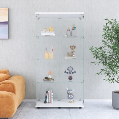 Wo-door Glass Display Cabinet 4 Shelves With Door, Floor Standing Curio Bookshelf For Living Room Bedroom Office, 64.7x31.7x14.3, White