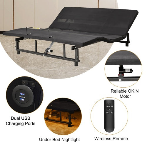 Adjustable Bed Base Frame Head And Foot Incline Quiet Motor King Size Zero Gravity, 4 Ports USB, Under-Bed Nightlight