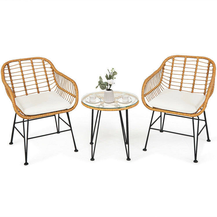 3 Pieces Rattan Furniture Set With Cushioned Chair Table