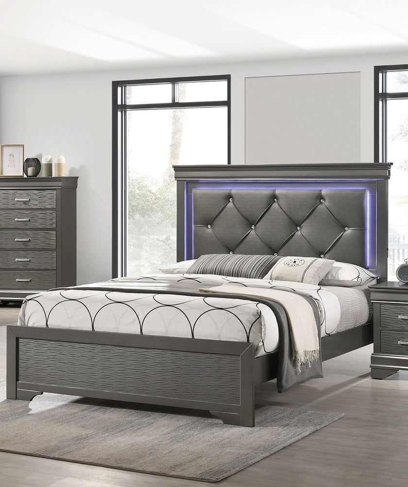 Dark Gray Faux Leather Tufted Headboard 1pc Queen Size Bed W LED Bedroom Furniture Gray Unique Texture FB Solid Wood