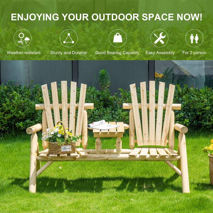 Wooden Adirondack Chair With Center Table, 2-Seat Garden Chair For Lounging And Relaxing Outdoors Natural