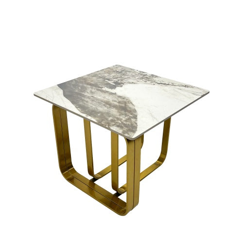 Rectangular End Table With Sintered Stone Top, Gold Metal Frame For Living Room