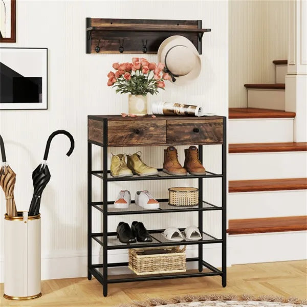Multifunctional Entryway Storage - 5-Hook Coat Rack  2-Drawer Shoe Stand With 4 Mesh Shelves