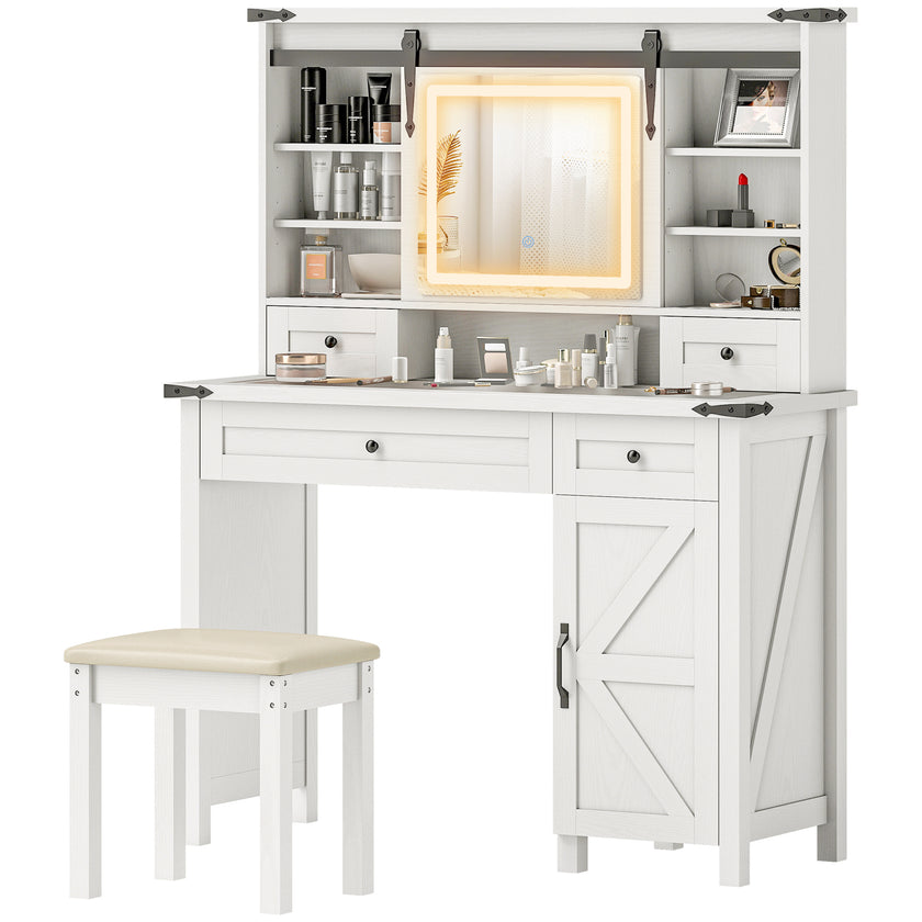 Vanity Desk Set With Mirror And Lights, Cushioned Stool, Storage Drawer, Cabinet, Shelves For Bedroom, White