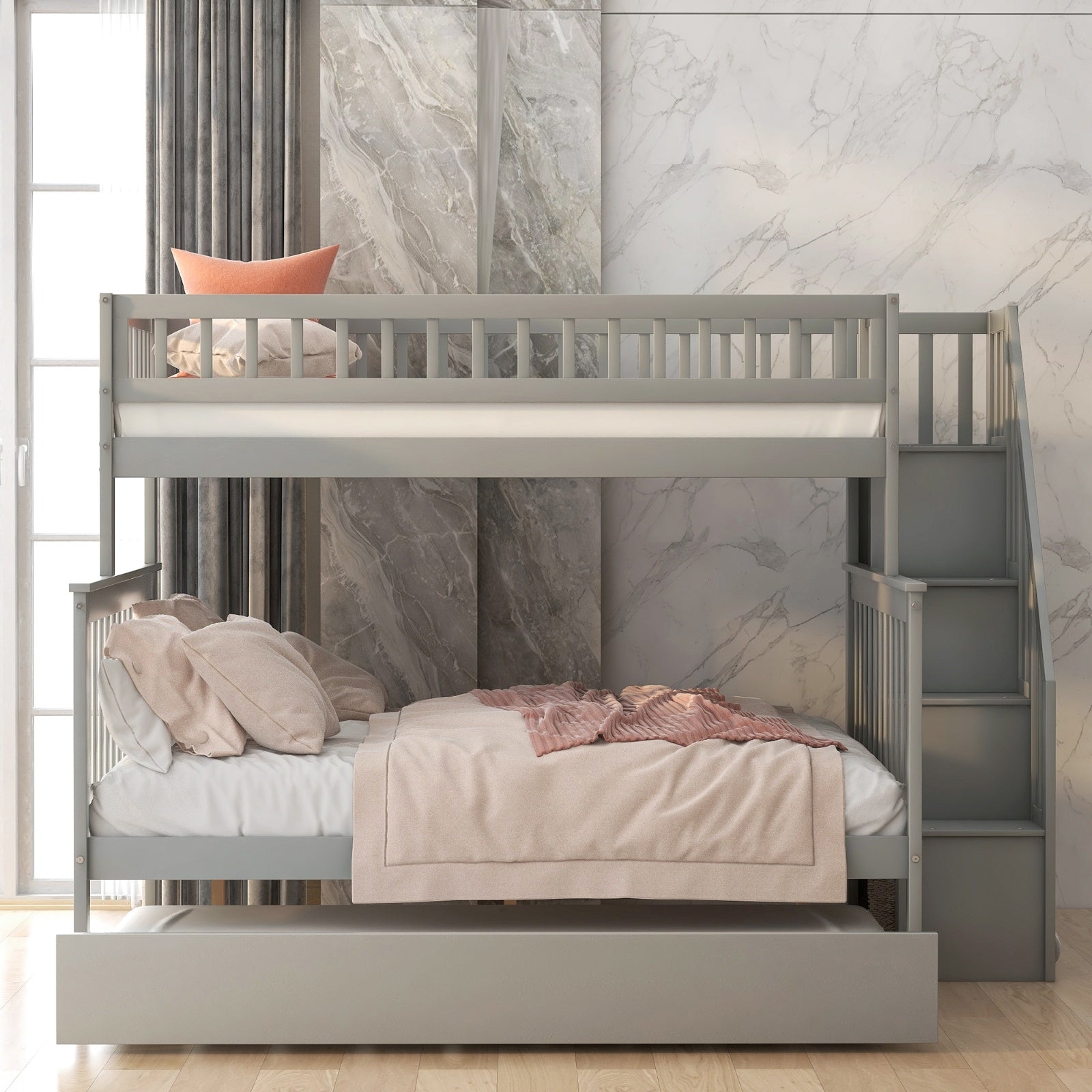 Twin Over Full Bunk Bed With Trundle And Staircase,Gray
